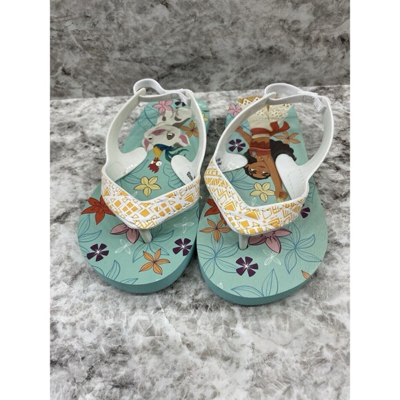 Disney Moana Girls Size 7/8 Flip Flops Teal Yellow Flower NWOT - Picture 1 of 5